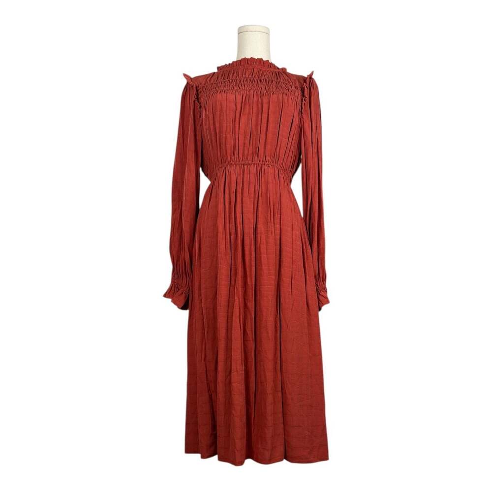 Rust Red Mock Neck Smocked Bodice Pleated Midi Dress Sz. S NWOT